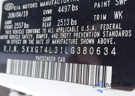 2020 Kia Optima Lx из США, поврежденный, VIN 5XXGT4L31LG380634